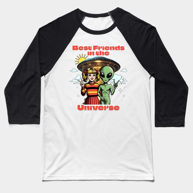 Best Friends in the Universe - Cosmic Companions Retro T-Shirt Baseball T-Shirt by Mystic Geisha